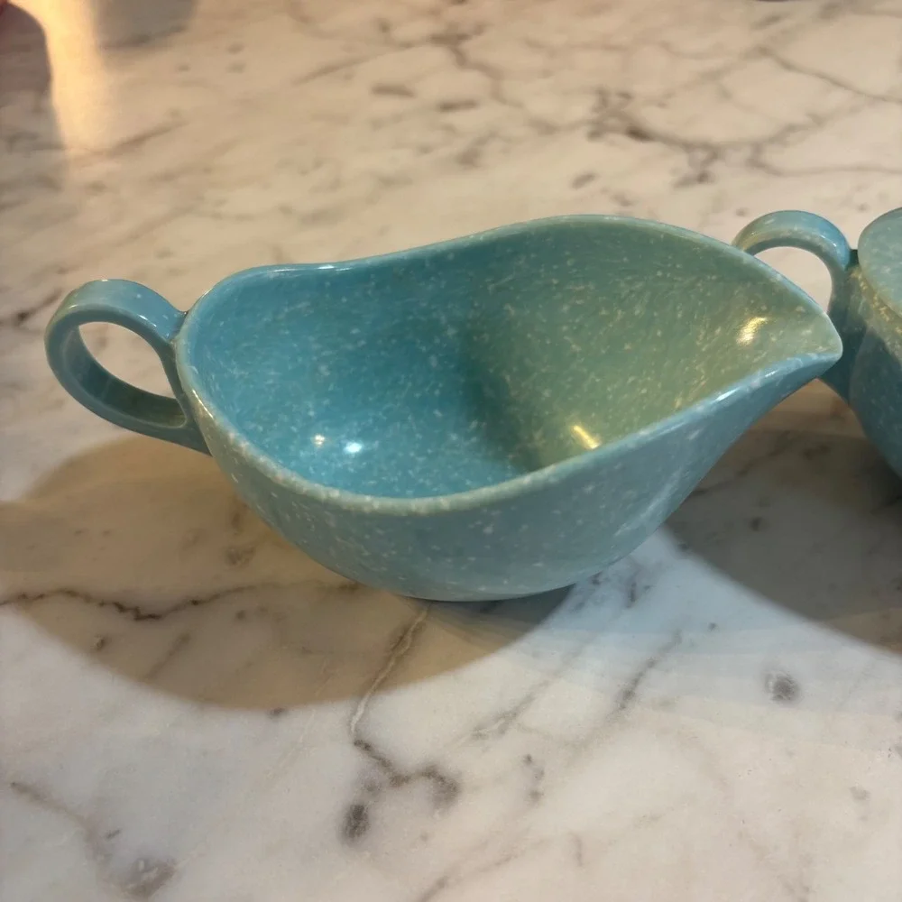 Vintage MCM Turquoise Blue Confetti Melmac Sugar Bowl and Creamer Set Speckled